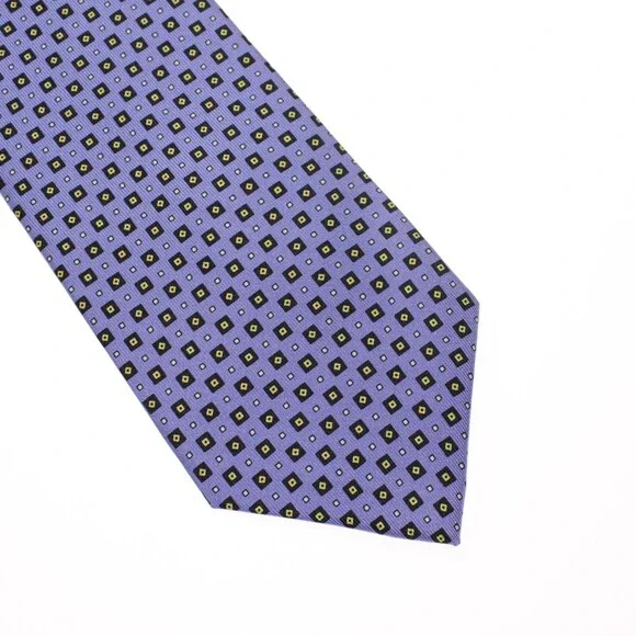 Drake's NWT Neck Tie Purple w Blackish Blue/Yellow/White Geo Pattern 100% Silk